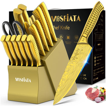 Kitchen Knife Set, 17 Pcs Stainless Steel Knife Sets for Kitchen with Block with Knife Sharpening Rod